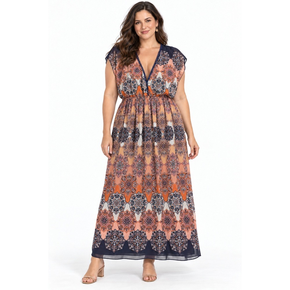 Enfocus Studio Maxi Dress Mandala Print Navy Orange Women 14 Bohemian Boho